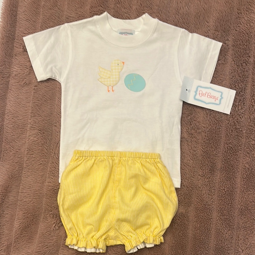 NWT Red beans gingham chicken and egg appliqué top & gingham bloomers 12/18mo